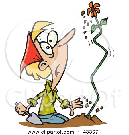 Royalty-Free (RF) Clipart Illustration Of A Surprised Woman Watching A Flower Shoot Out Of The Ground by toonaday