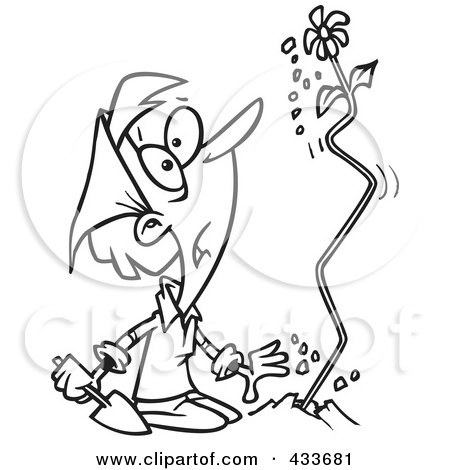 Royalty-Free (RF) Clipart Illustration Of Coloring Page Line Art Of A Surprised Woman Watching A Flower Shoot Out Of The Ground by toonaday