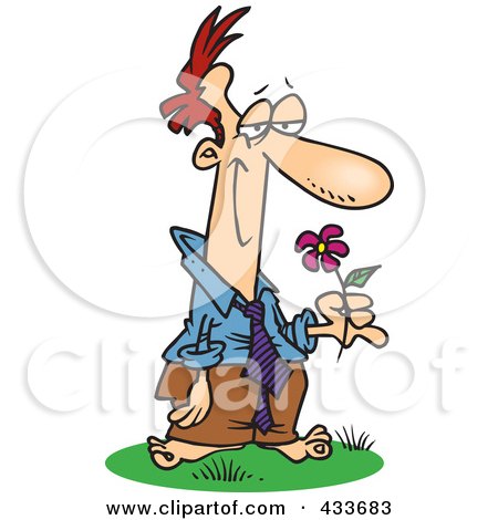 Royalty-Free (RF) Clipart Illustration Of A Blissful Man Standing Barefoot And Holding A Flower by toonaday