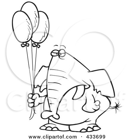 Royalty-Free (RF) Clipart Illustration Of Coloring Page Line Art Of A Grumpy Elephant Holding Balloons by toonaday
