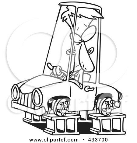 Royalty-Free (RF) Clipart Illustration Of Coloring Page Line Art Of A Man In A Tireless Car On Blocks by toonaday