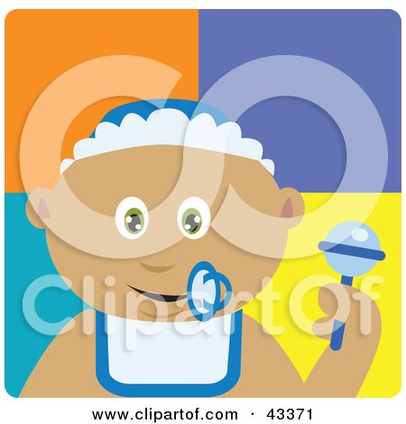 Clipart Illustration of a Latin American Baby Boy With A Pacifier, Bib And Rattle by Dennis Holmes Designs