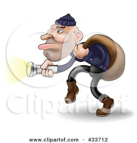 Royalty-Free (RF) Clipart Illustration of a Robber Carrying A Bag Over His Shoulder And Using A Flashlight by AtStockIllustration