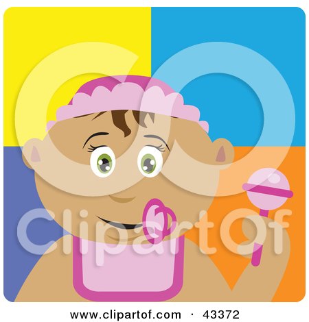 Clipart Illustration of a Latin American Baby Girl With A Pacifier, Bib And Rattle by Dennis Holmes Designs