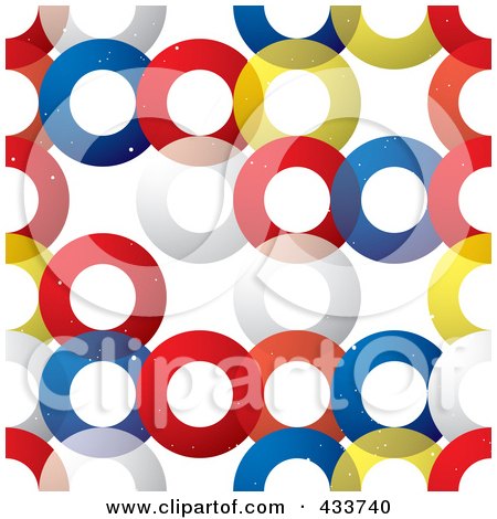 Royalty-Free (RF) Clipart Illustration of a Seamless Background Of Red, Yellow, White And Blue Transparent Rings Over White by michaeltravers
