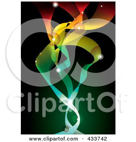Royalty-Free (RF) Clipart Illustration of a Background Of Colorful Glowing Deep Space Ribbons On Green And Black by michaeltravers