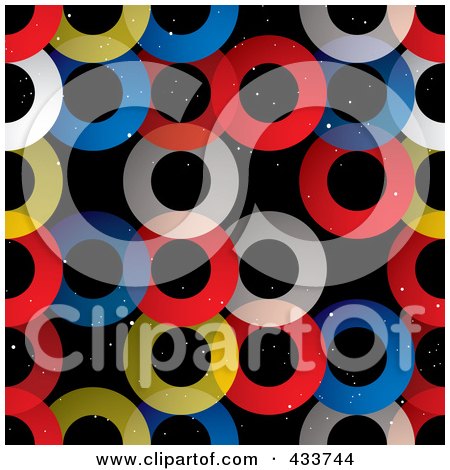 Royalty-Free (RF) Clipart Illustration of a Seamless Background Of Red, Yellow, White And Blue Transparent Rings Over Black by michaeltravers