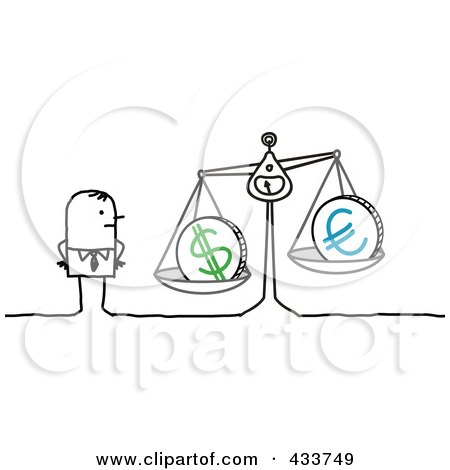 Royalty-Free (RF) Clipart Illustration of a Stick Businessman Weighing A Dollar And Euro by NL shop