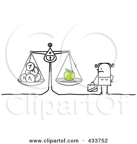 Royalty-Free (RF) Clipart Illustration of a Stick Woman Weighing Her Money And An Apple by NL shop
