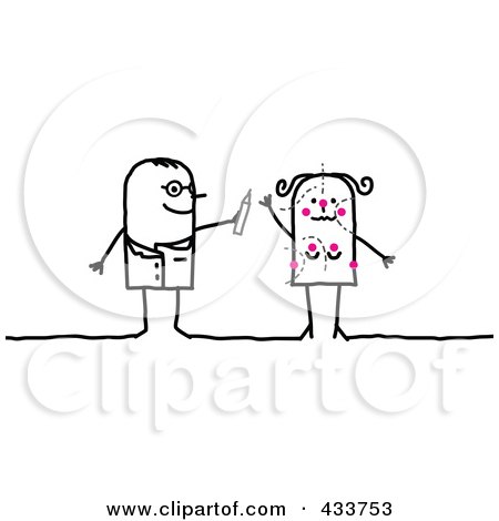 Royalty-Free (RF) Clipart Illustration of a Stick Man Plastic Surgeon Marking A Woman's Body by NL shop