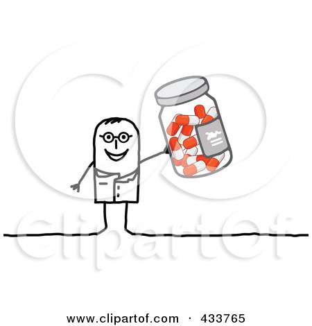 Royalty-Free (RF) Clipart Illustration of a Stick Man Doctor Holding A Bottle Of Pills by NL shop