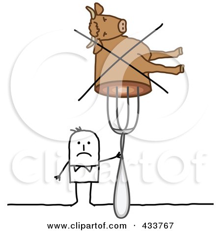Royalty-Free (RF) Clipart Illustration of a Stick Man Holding A Crossed Out Cow On A Fork by NL shop