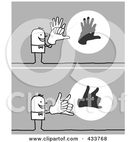 Royalty-Free (RF) Clipart Illustration of a Digital Collage of a Stick Man Casting Shadows With His Hands by NL shop