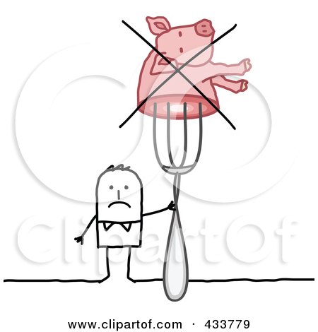 Royalty-Free (RF) Clipart Illustration of a Stick Man Holding A Crossed Out Pig On A Fork by NL shop