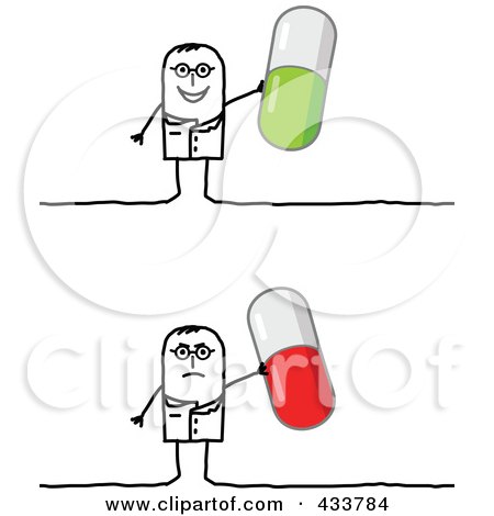Royalty-Free (RF) Clipart Illustration of a Digital Collage Of A Stick Man Doctor Holding Green And Red Pills by NL shop