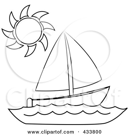 Royalty-Free (RF) Clipart Illustration of Line Art of a Sun Over a Sailboat At Sea by Pams Clipart