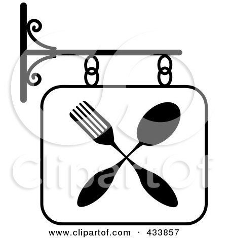 Royalty-Free (RF) Clipart Illustration of a Black And White Restaurant Sign With A Fork And Spoon by Pams Clipart