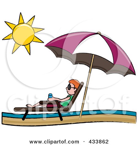 Royalty-Free (RF) Clipart Illustration of a Red Haired Stick Boy Relaxing In A Lounge Chair On The Shore Under A Beach Umbrella by Pams Clipart