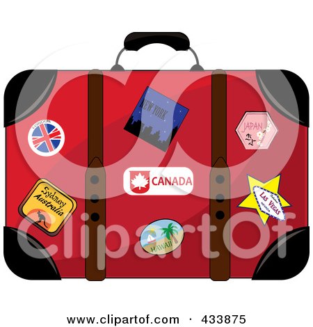 Royalty-Free (RF) Clipart Illustration of a Well Used Red Suitcase With Travel Stickers And Pins by Pams Clipart