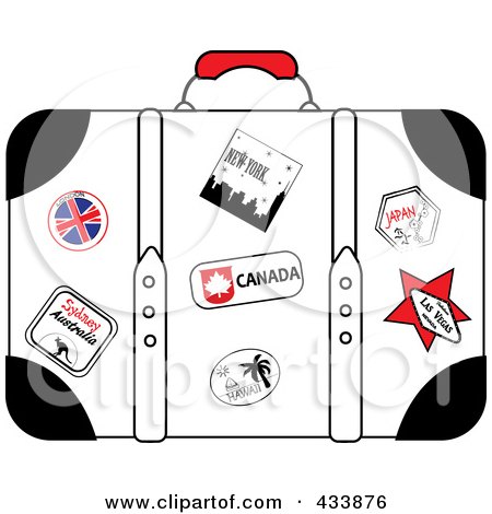 Royalty-Free (RF) Clipart Illustration of a Well Used White Suitcase With Travel Stickers And Pins by Pams Clipart