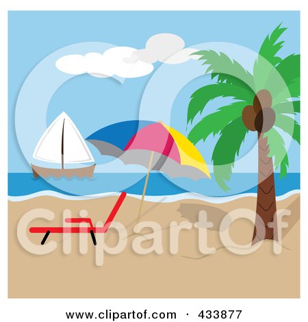 Royalty-Free (RF) Clipart Illustration of a Beach Umbrella And Lounge Chair By A Palm Tree With A View Of A Sailboat by Pams Clipart