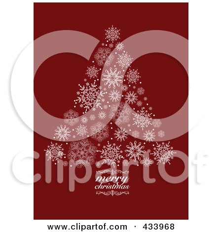 Royalty-Free (RF) Clipart Illustration of a White Snowflake Christmas Tree With A Merry Christmas Swirl Trunk On Red by BestVector