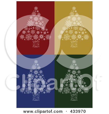 Royalty-Free (RF) Clipart Illustration of a Digital Collage of White Snowflake Christmas Trees With Swirl Trunks by BestVector