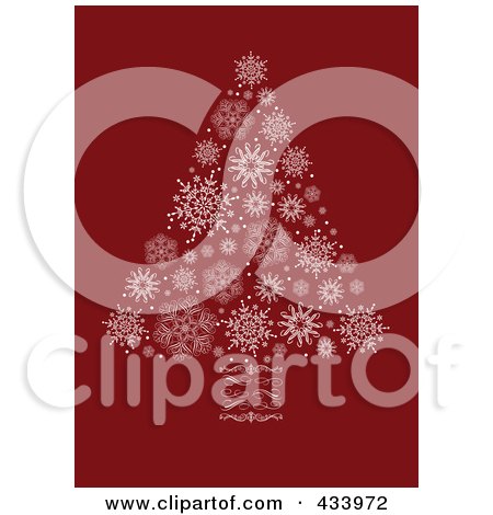 Royalty-Free (RF) Clipart Illustration of a White Snowflake Christmas Tree With A Swirl Trunk On Dark Red by BestVector