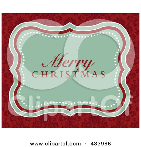 Royalty-Free (RF) Clipart Illustration of a Merry Christmas Greeting In A Green Frame Over An Ornate Red Background by BestVector