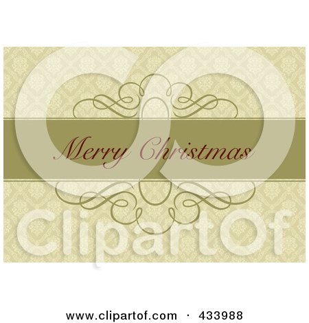 Royalty-Free (RF) Clipart Illustration of a Merry Christmas Greeting On A Green Bar Over An Ornate Tan Background by BestVector