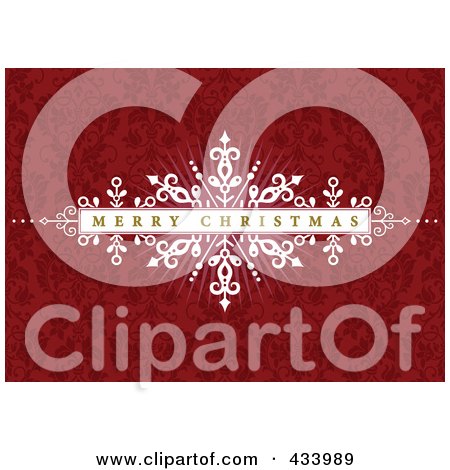 Royalty-Free (RF) Clipart Illustration of a Merry Christmas Greeting On A White Bar Over An Ornate Red Background by BestVector