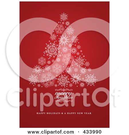 Royalty-Free (RF) Clipart Illustration of a Merry Christmas And Happy New Year Greeting With A Snowflake Christmas Tree On Red by BestVector