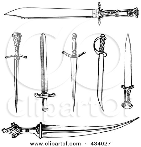 Royalty-Free (RF) Clipart Illustration of a Digital Collage of Vintage Black And White Sketches Of Knives And Swords by BestVector