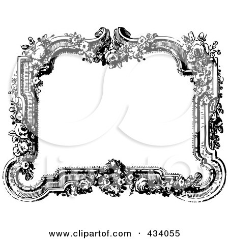 Royalty-Free (RF) Clipart Illustration of a Vintage Black And White Victorian Border Frame With Flowers by BestVector