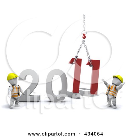 Royalty-Free (RF) Clipart Illustration of 3d Construction Worker White Characters Replacing The Old Year With The New Year by KJ Pargeter
