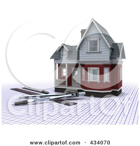 Royalty-Free (RF) Clipart Illustration of a 3d Home With Drafting Tools On Graph Paper by KJ Pargeter