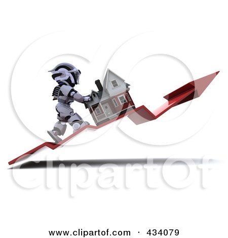 Royalty-Free (RF) Clipart Illustration of a 3d White Character Pushing His Home Up On An Upswing Arrow by KJ Pargeter