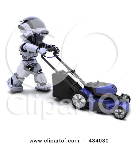 Royalty-Free (RF) Clipart Illustration of a 3d Robot Pushing A Lawn Mower by KJ Pargeter