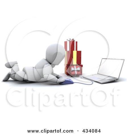 Royalty-Free (RF) Clipart Illustration of a 3d White Character Christmas Shopping Online On The Floor by KJ Pargeter
