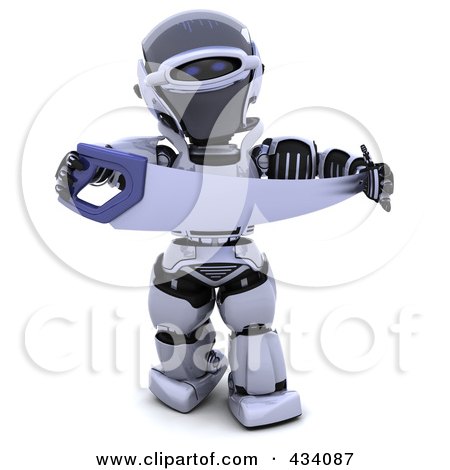 Royalty-Free (RF) Clipart Illustration of a 3d Robot Holding A Saw by KJ Pargeter