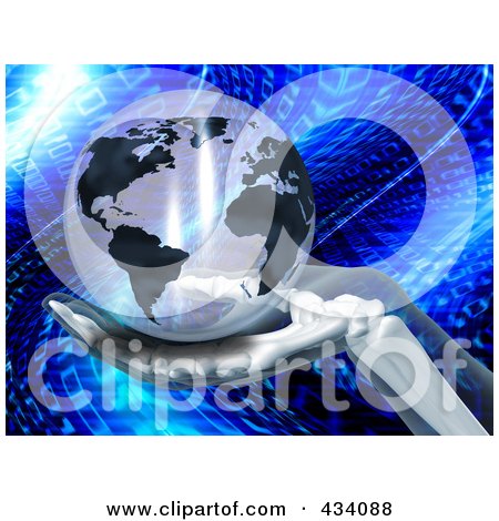 Royalty-Free (RF) Clipart Illustration of a 3d Skeletal Hand Holding A Transparent Globe Over Blue Binary by KJ Pargeter