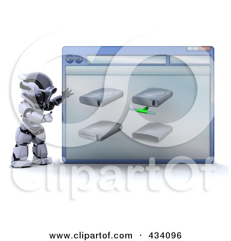 Royalty-Free (RF) Clipart Illustration of a 3d Robot Using A Computer Window To Navigate Disc Drives by KJ Pargeter