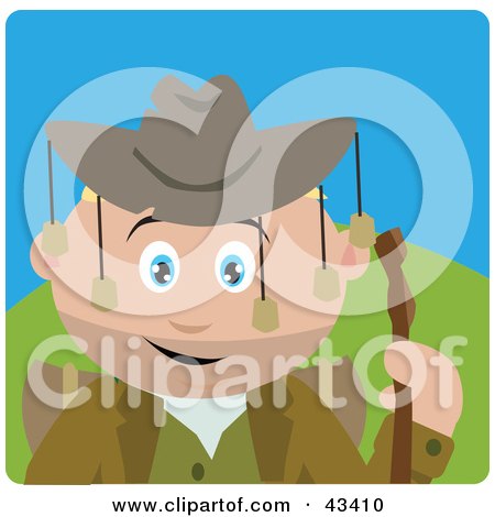 Clipart Illustration of a Caucasian Boy Wearing An Aussie Hat And Hiking by Dennis Holmes Designs