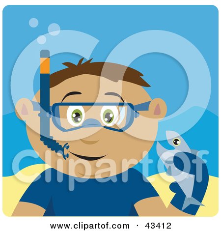 Clipart Illustration of a Latin American Boy Snorkeling And Holding A Fish by Dennis Holmes Designs