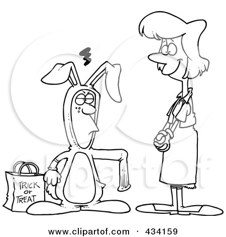 Royalty-Free (RF) Clipart Illustration Of Coloring Page Line Art Of A Mother Admiring Her Son In A Rabbit Costume For Halloween by toonaday