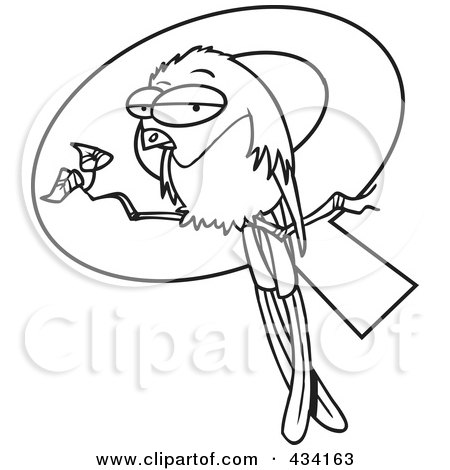 Royalty-Free (RF) Clipart Illustration of Line Art of a Grouchy Bird Perched In Front Of A Letter Q by toonaday