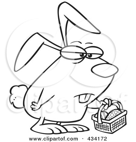 Royalty-Free (RF) Clipart Illustration Of Coloring Page Line Art Of A Grumpy Easter Bunny With A Basket by toonaday