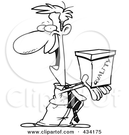 Royalty-Free (RF) Clipart Illustration of Line Art of a Cartoon Man Holding Out A Quality Box by toonaday
