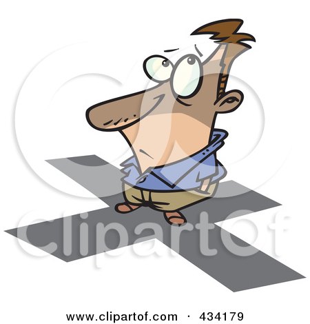 Royalty-Free (RF) Clipart Illustration of a Cartoon Man Standing On An X In A Shadow Of A Falling Item by toonaday