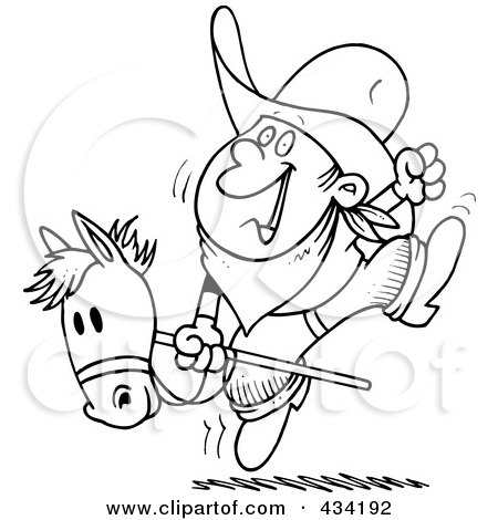 Royalty-Free (RF) Clipart Illustration of Line Art of a Boy Riding A Stick Pony by toonaday